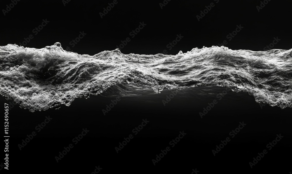 Poster minimalist ocean wave with precise foam details against a gradient black sky, creating stark contras