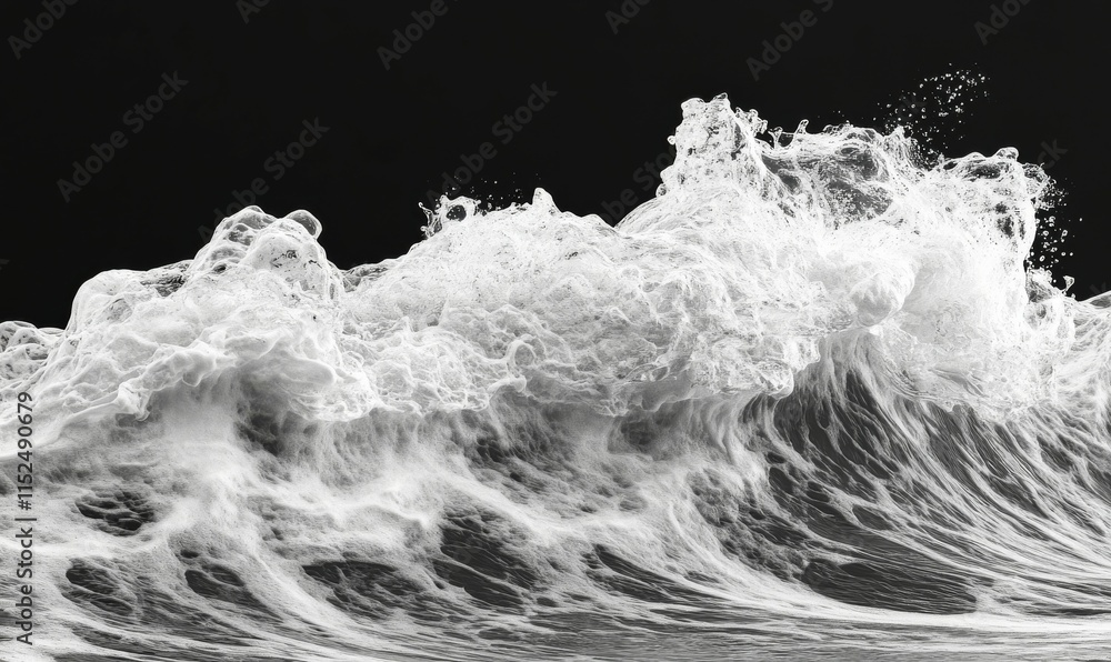Poster minimalist ocean wave with precise foam details against a gradient black sky, creating stark contras
