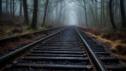 Fototapeta premium Misty Forest Railroad: A Journey into the Unknown