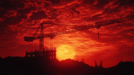 Construction crane silhouette at sunset.