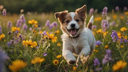 Joyful Puppy in a Blooming Meadow