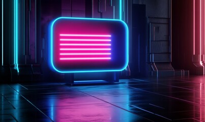 Obraz premium Pink and Blue Text Technology Concept with sms symbol as a neon light. Vibrant colored icon, on a black background with high tech floor. 3D Render