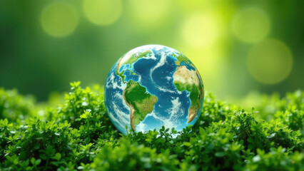 A globe of the Earth sits amidst lush green plants.
Concept of: protecting the planet.