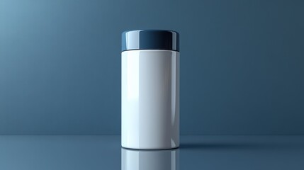 White cylindrical container with a dark blue lid on a dark blue surface.