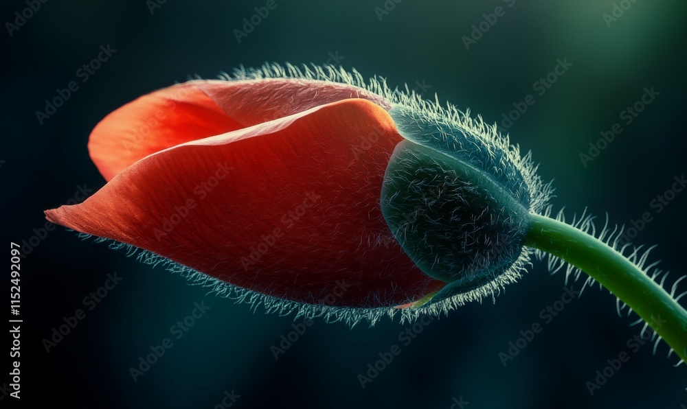 Poster poppy flower bud in macro, fuzzy stem texture and delicate petal folds illuminated in soft light.
