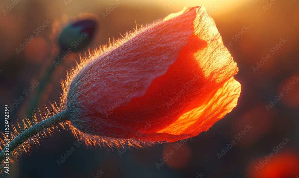 Aufkleber poppy flower bud in macro, fuzzy stem texture and delicate petal folds illuminated in soft light.