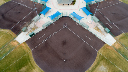 a baseball field, baseball diamond, empty baseball diamond, aerial of a baseball diamond