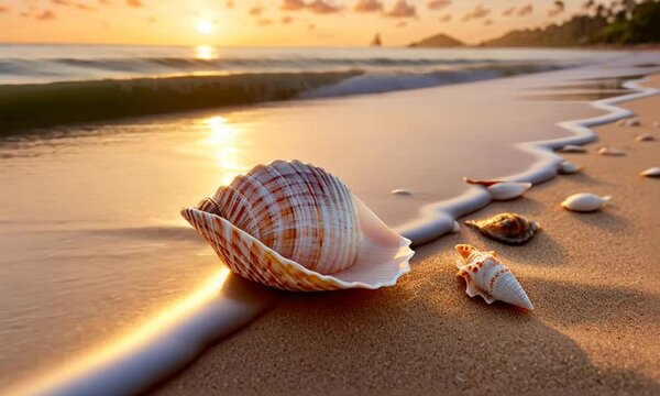 Seashells on a Tropical Beach at Sunset