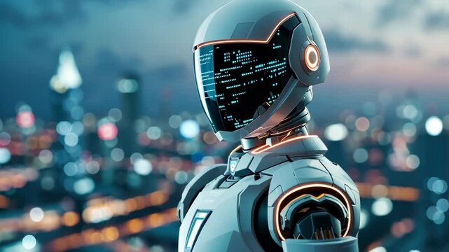 Futuristic AI surveys neonlit cityscape, dominating digital world, outshining humans.