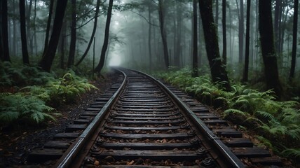 Fototapeta premium Enigmatic Railroad Through Misty Forest: A Journey into the Unknown