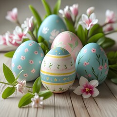 Fototapeta premium Pastel Easter Eggs Surrounded by Spring’s Blossoms and Greenery, Generative AI