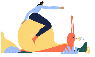 Slow growth, inefficient or stupid mistake, businesswoman riding slow snail never reach goal, losing business competition.	

