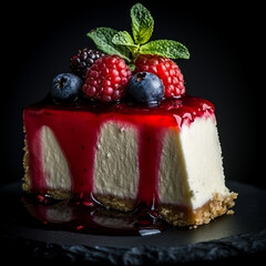Elegant cheesecake slice with rich creamy texture, adorned with fresh raspberries, blueberries, blackberries, and glossy red berry sauce, perfect for gourmet desserts, festive occasions, and food styl