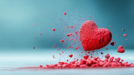 Red heart shaped object exploding with smaller hearts on a white background