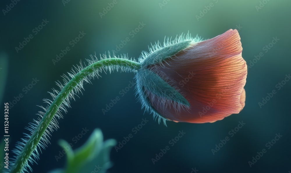 Aufkleber poppy flower bud in macro, fuzzy stem texture and delicate petal folds illuminated in soft light.