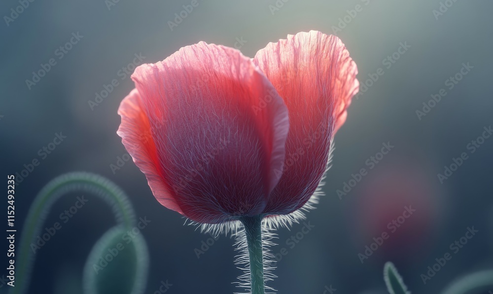 Aufkleber poppy flower bud in macro, fuzzy stem texture and delicate petal folds illuminated in soft light.