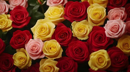 Obraz premium A vibrant close-up of a bouquet featuring a mix of red, yellow, and pink roses.