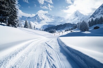 Obraz premium Snowy mountain landscape with ski trails under a bright blue sky in winter