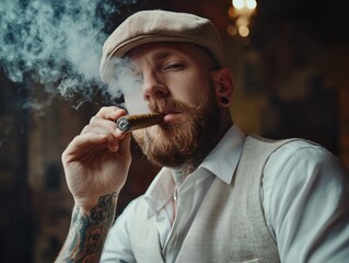 a man with a beard, a tattoo and a hat smokes a cigar