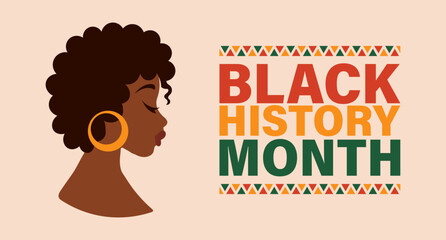 Black History Month with African American woman portrait. Flat style illustration, template for background, banner, card, poster