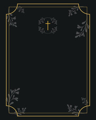 Funeral card. Empty card for funeral with black background and gold frame 