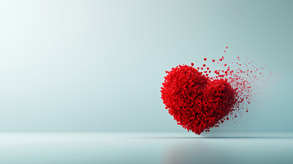 Floating heart shape made of small red pieces on a white background displaying movement