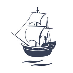 Sailboat on the waves. Yacht, ship. Vintage monochrome hand drawn illustration.