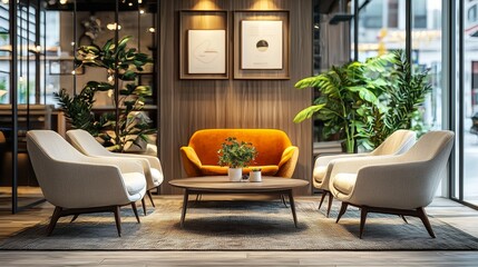 Fototapeta premium Cozy and Inviting Living Room Featuring a Stylish Couch and Two Comfortable Chairs Surrounded by Warm Lighting and Tasteful Home Decor Elements
