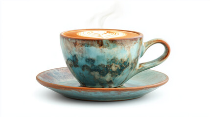 Steaming Ceramic Coffee Cup with Foam Art, on white bg