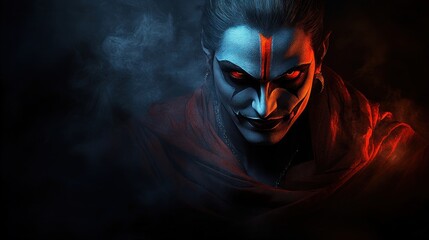 Close-up portrait of a mysterious figure with red and blue lighting, smoky background.