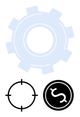 Gear icon at the top with target and dollar sign icons below. Ideal for business strategy, goal setting, efficiency, financial planning, productivity, focus, and success themes. Line metaphor