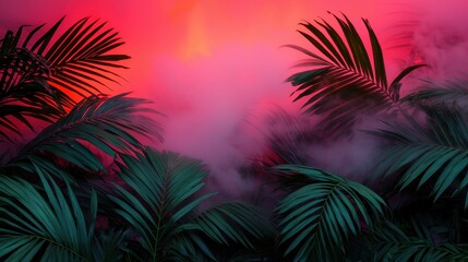 Lush tropical foliage surrounded by vibrant mist and glowing hues, creating a mystical and atmospheric setting.