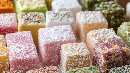 Colorful assortment of delicious, sugary, cube-shaped Turkish delights.