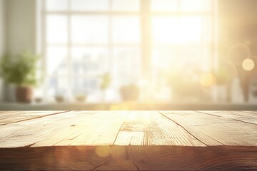 Sunny wooden table against blurred window background.