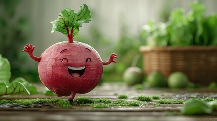 A lively cartoon illustration of a cute beet character energetically running across a bright green screen background. Playful vegetable character concept