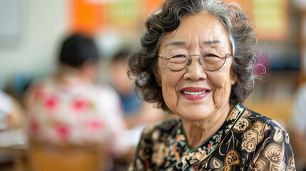 Elderly Asian Woman Teacher Smiling Broadly in a Classroom Setting. Concept of Lifelong Learning, Wisdom, Education, Joyful Teaching. Copy space