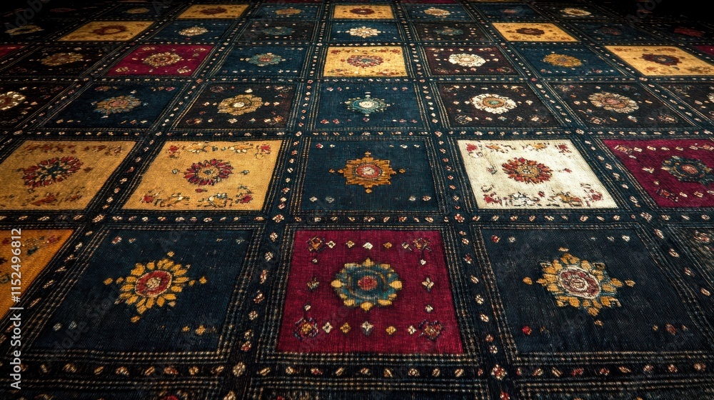 Poster colorful patterned carpet floor with square tiles in various colors and designs.