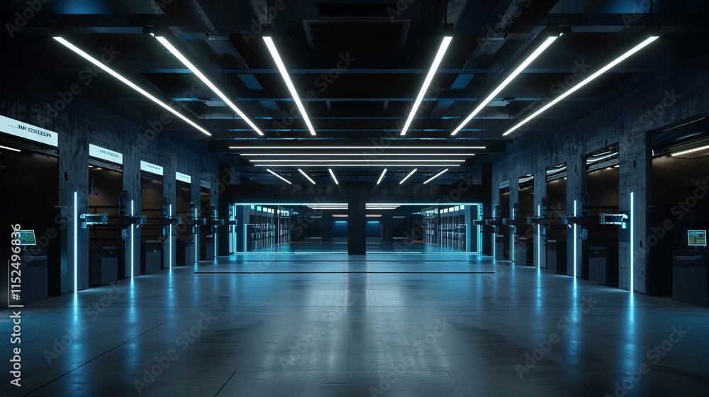 Aufkleber high-tech indoor shooting range with futuristic led lighting and interactive screens. concept of mod