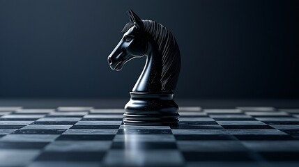 A single black knight chess piece on a chessboard.