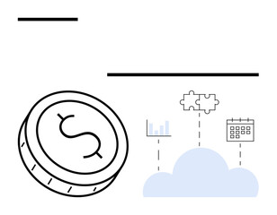 Coin with dollar symbol beside cloud connected to bar chart, puzzle pieces, and calendar. Ideal for finance, digital transformation, cloud computing, business planning, data integration, financial