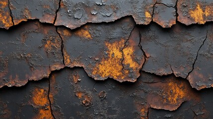 Close-up of dark gray rusty metal surface with cracked paint showing orange rust underneath.