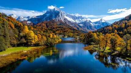 Aerial view of a vibrant autumn forest with colorful leaves illuminated by sunlight. Snow-capped mountains majestically stand in the background, surrounded by clear blue sky and fluffy white clouds.