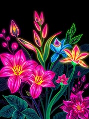 Vibrant botanical illustration in neon colors.