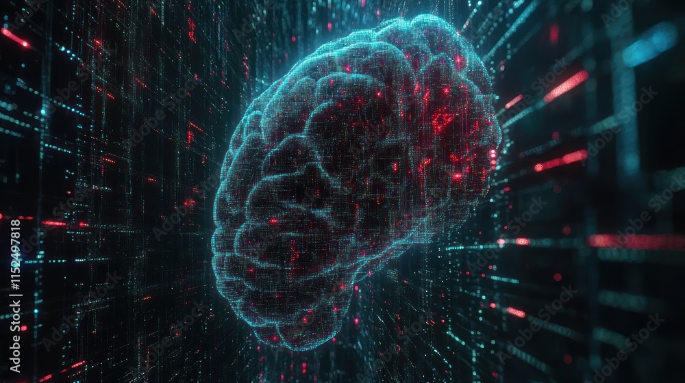Poster digital brain in a data stream, representing ai, neural networks, and data processing.