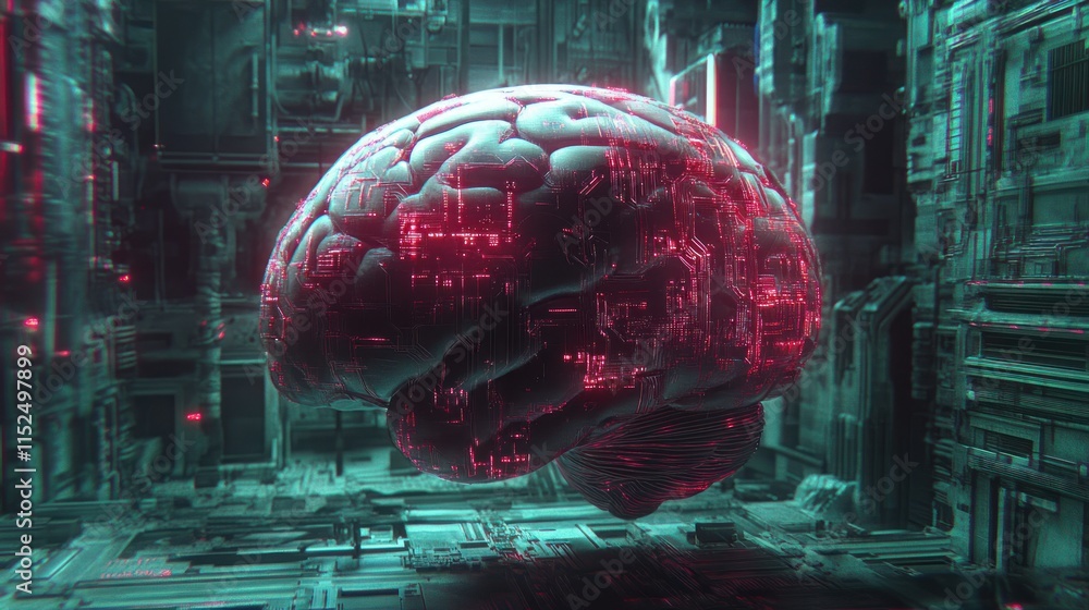 Poster digital brain in futuristic tech environment.