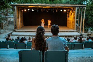 Couples enjoying a performance at an outdoor theater in a scenic setting during sunset
