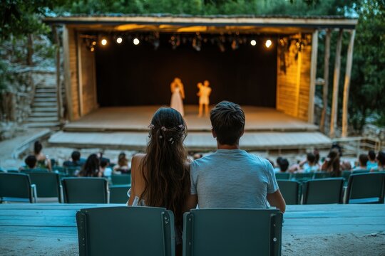 Couples enjoying a performance at an outdoor theater in a scenic setting during sunset