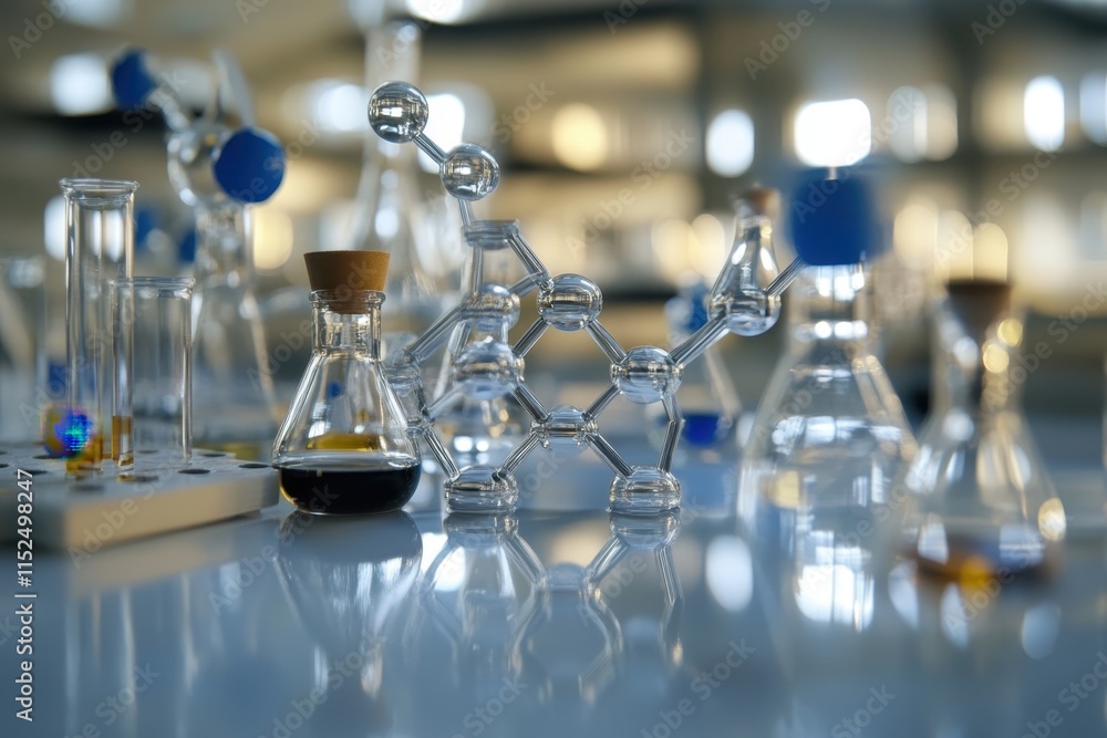 Poster laboratory setup showcasing glassware and molecular structures with various chemical substances