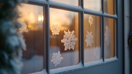 Snow-covered window with snowflake decorations. Warm light from inside glows through the frosted panes at sunset. Cozy winter scene.