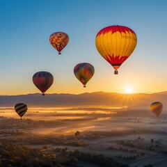 Naklejka premium Colorful hot air balloons soar above a misty landscape at sunrise.